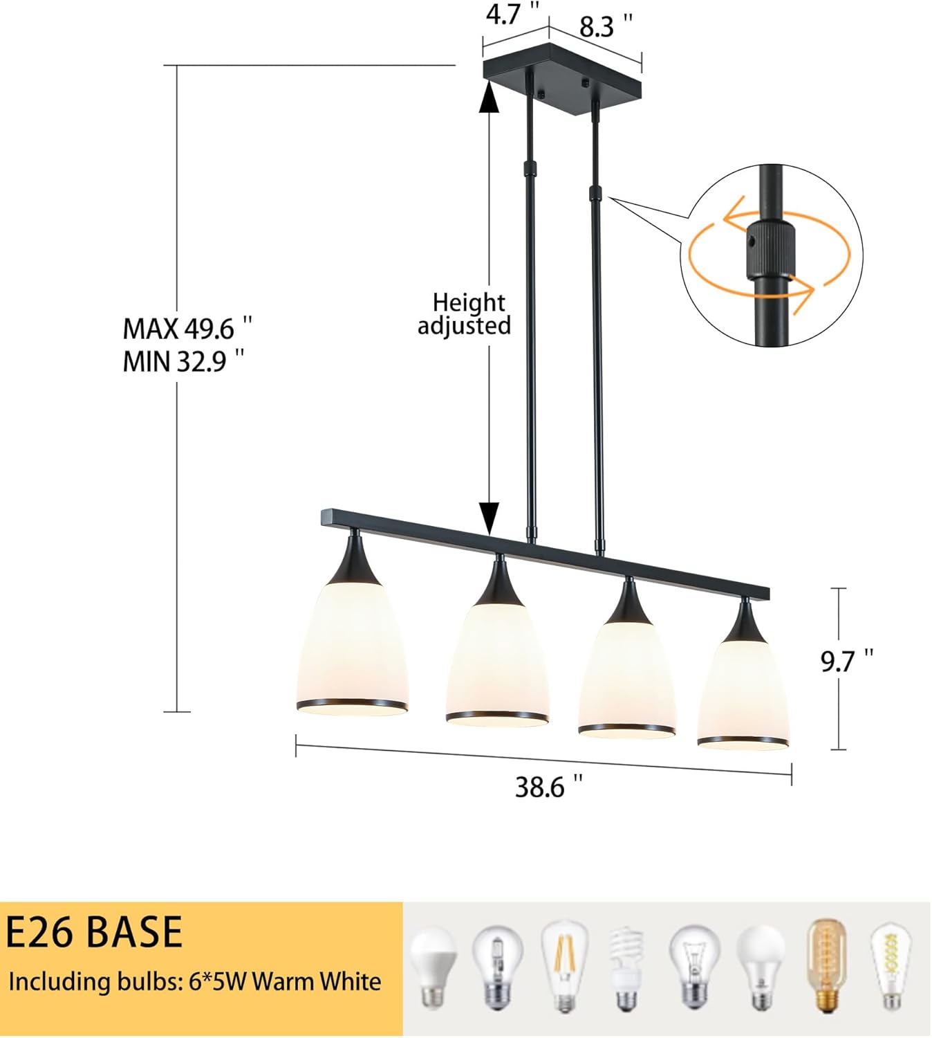 Island Lights for Kitchen 4-Light Matte Metal Chandeliers for Dining Room,39.3" Linear Modern Pendant Light Fixtures, Billiard Table Lights Hanging Over for Billiards Pool Room, Snooker Table （Black)