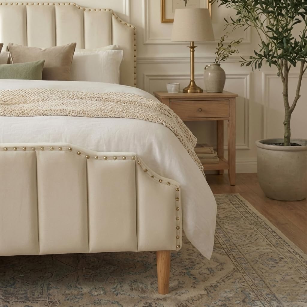 Queen Bed Frame Cream White Velvet, 48.8" Tall Arched Headboard and Footboard Set, Luxury Platform Bed with Gold Nailhead Trim, 6.3" Clearance for Robot, Vertical Tufted, Ivory