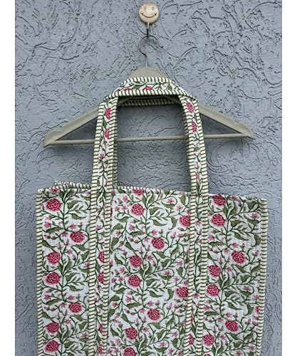 Image of Quilted Cotton Handprinted Reversible Large multicolor Floral Tote Bag,Hand Block Print Shopping Shoulder Carry Bag