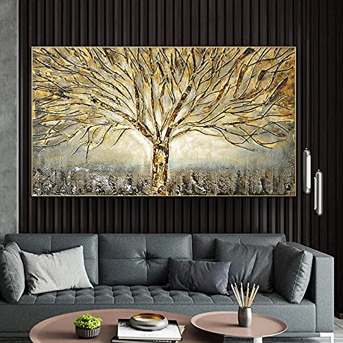 Maison mur art pour salon avec notre peinture abstraite or arbre