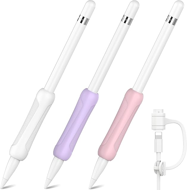 NIUTRENDZ Silicone Grip for Apple Pencil 1st Generation Accessories 3 Pack Ergonomic Design Sleeve Protective Case Cover Holder with Cable Adapter Tether (White, Purple, Pink)