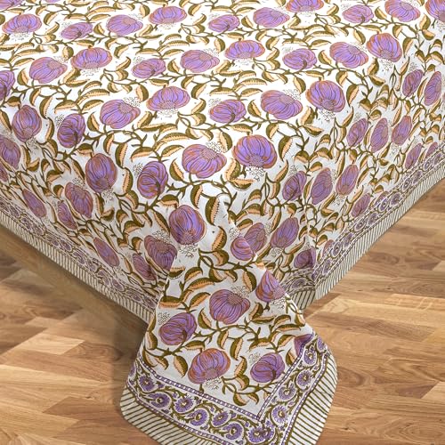 Image of TOAI Hand Block Printed Bedsheet | Bed Spread Flatsheet Bed Sheet | Pure Cotton | Queen Size 90 inchx108 inch | 210 TC Luxury Cotton | 2 Reversible Pillow Covers |Round Florals on White