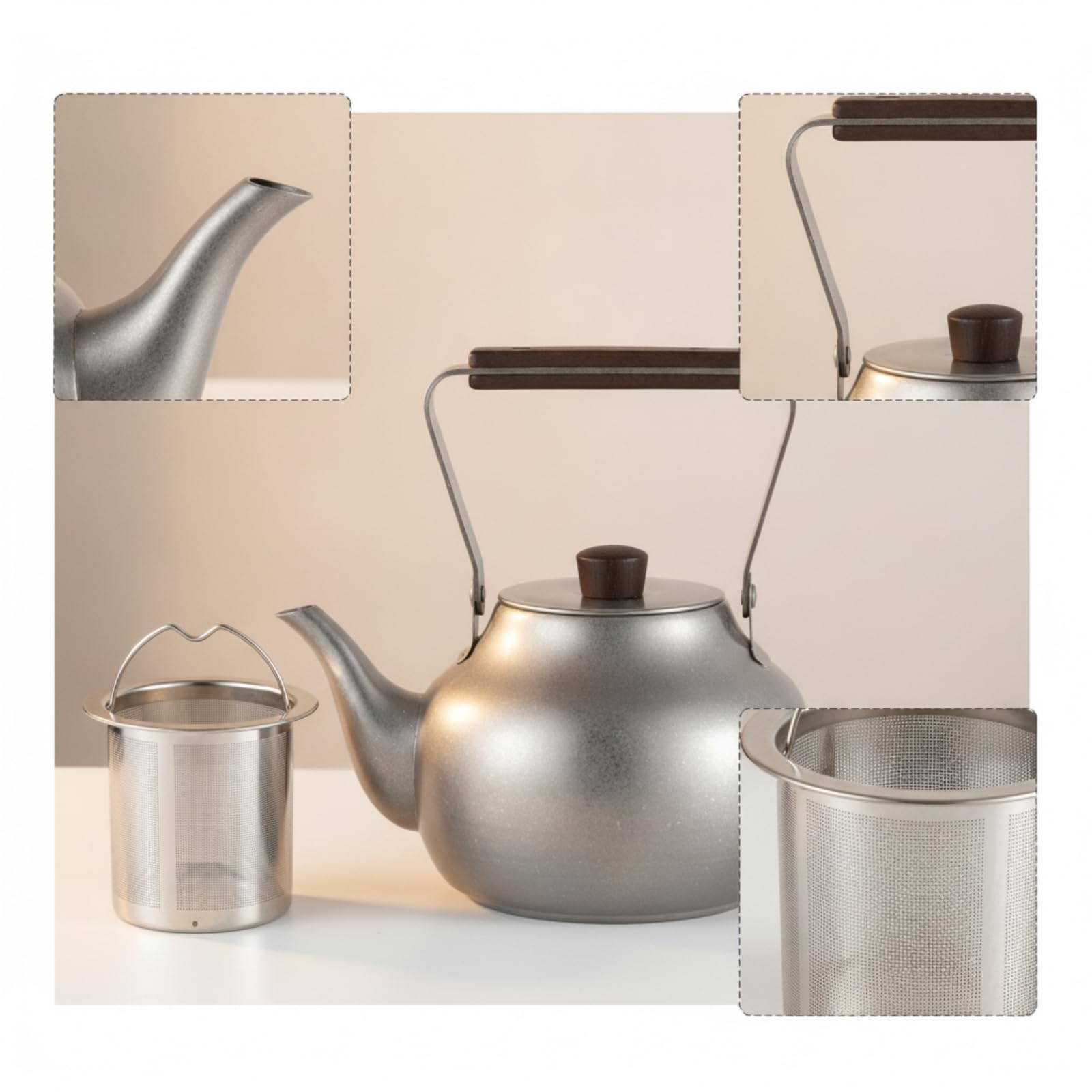 Tetera de Acero Inoxidable 304 con Curvo, Gris, Gris, Tetera Retro Sin Filtro De Té