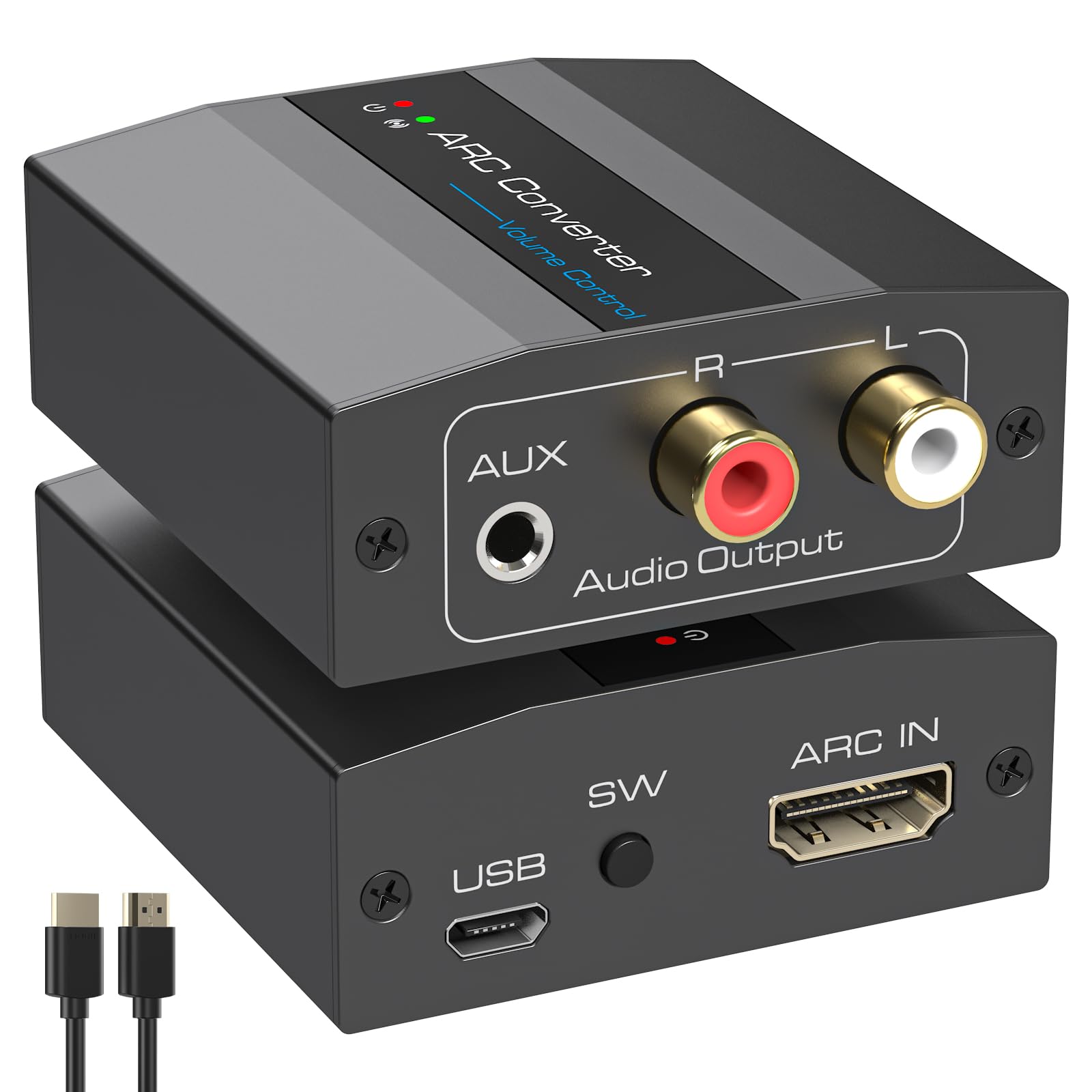 VEDINDUST HDMI ARC Adapter ARC Audio Extraktor RCA L/R 3,5 mm AUX Stereo mit USB-Netzversorgung & HDMI-ARC Kabel Aluminiumlegierung für PS4/5 HDTV Verstärker