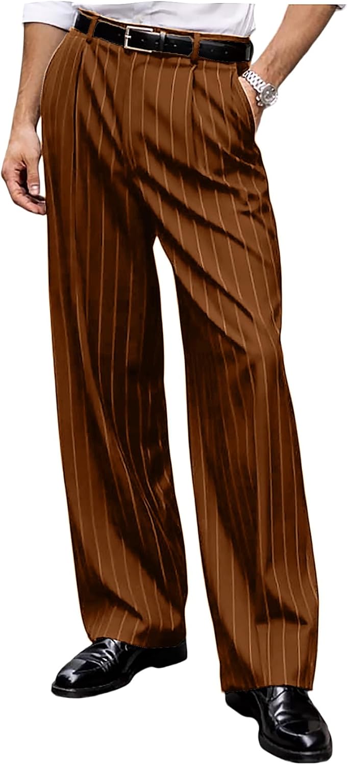 VENNYNG Men's Pinstripe Wide Leg Dress Pants Casual Trousers Vintage Style Pleated Formal Slacks for Man