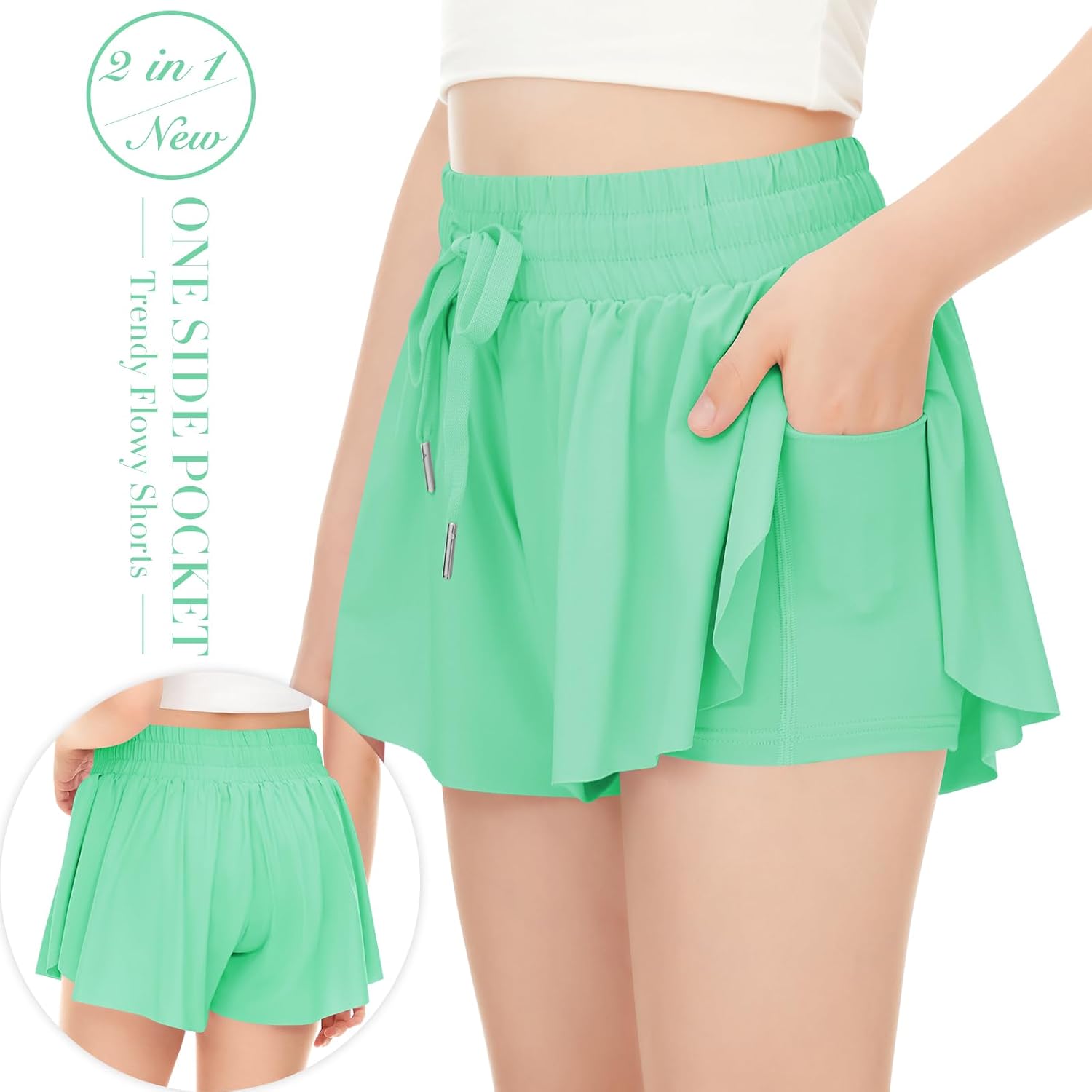 Girls Athletic Flowy Shorts with Pocket - 2 in 1 Butterfly Shorts for Teen Girls Youth Running Sports Spandex - Image 3