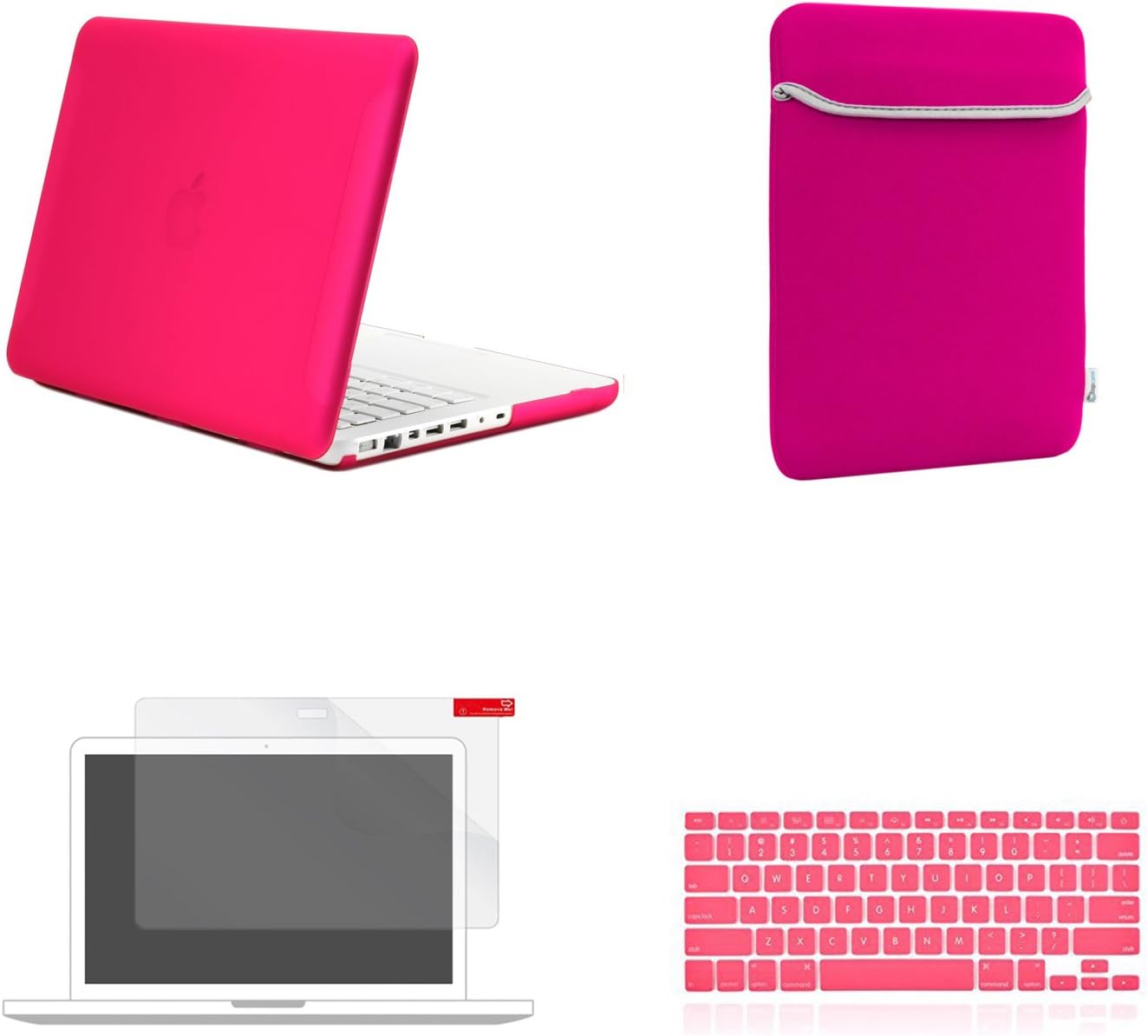 TOP CASE - 4 in 1 Essential Bundle Rubberized Hard Case + Sleeve Bag + Silicone Keyboard Cover + Screen Protector Compatible MacBook White 13" Model: A1342 / Latest (Oct 2009-2011) - HOT Pink