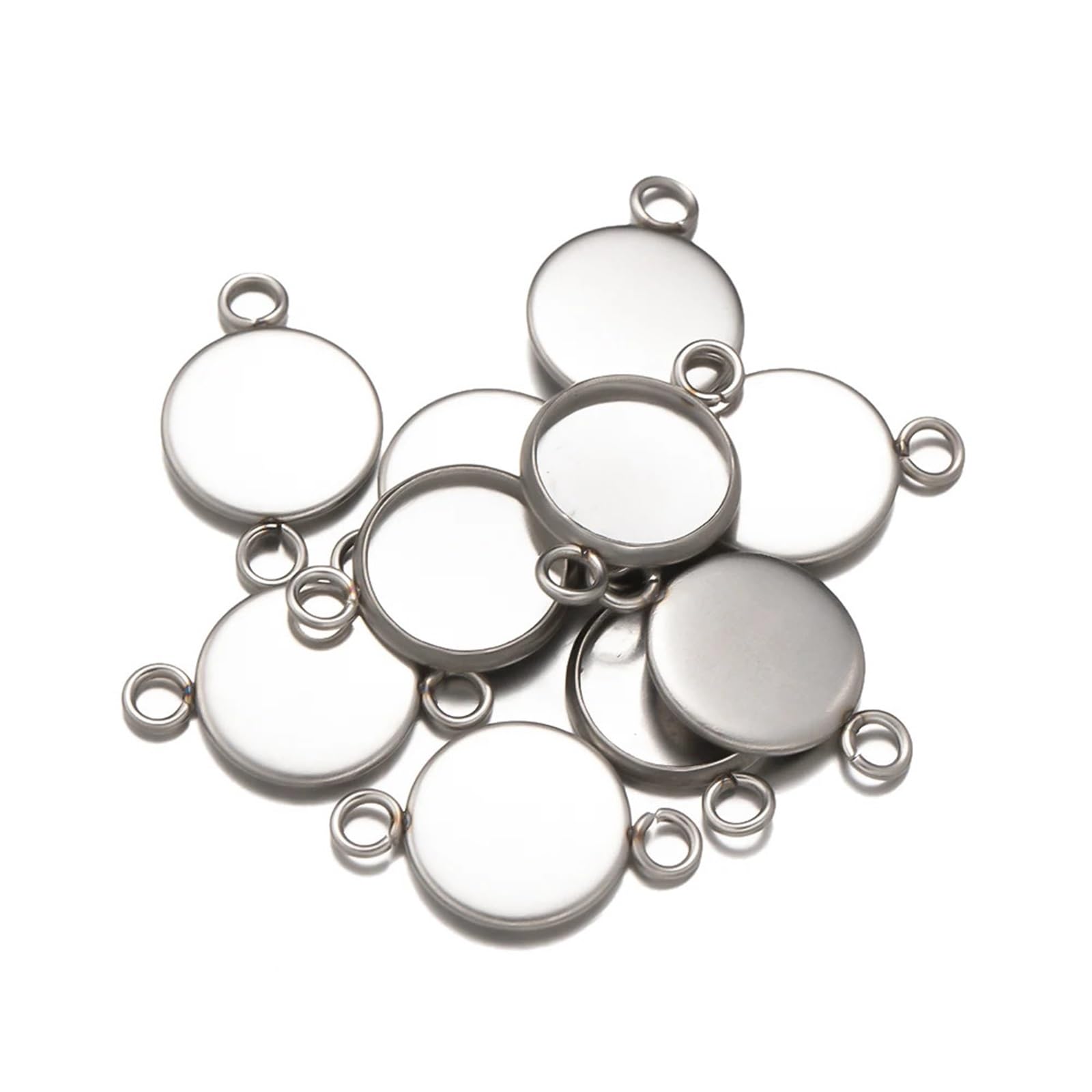 Lot de 20 plateaux à pendentifs ronds en acier inoxydable à double boucle pour loisirs créatifs, colliers, bracelets et breloques (argent, 16 mm)