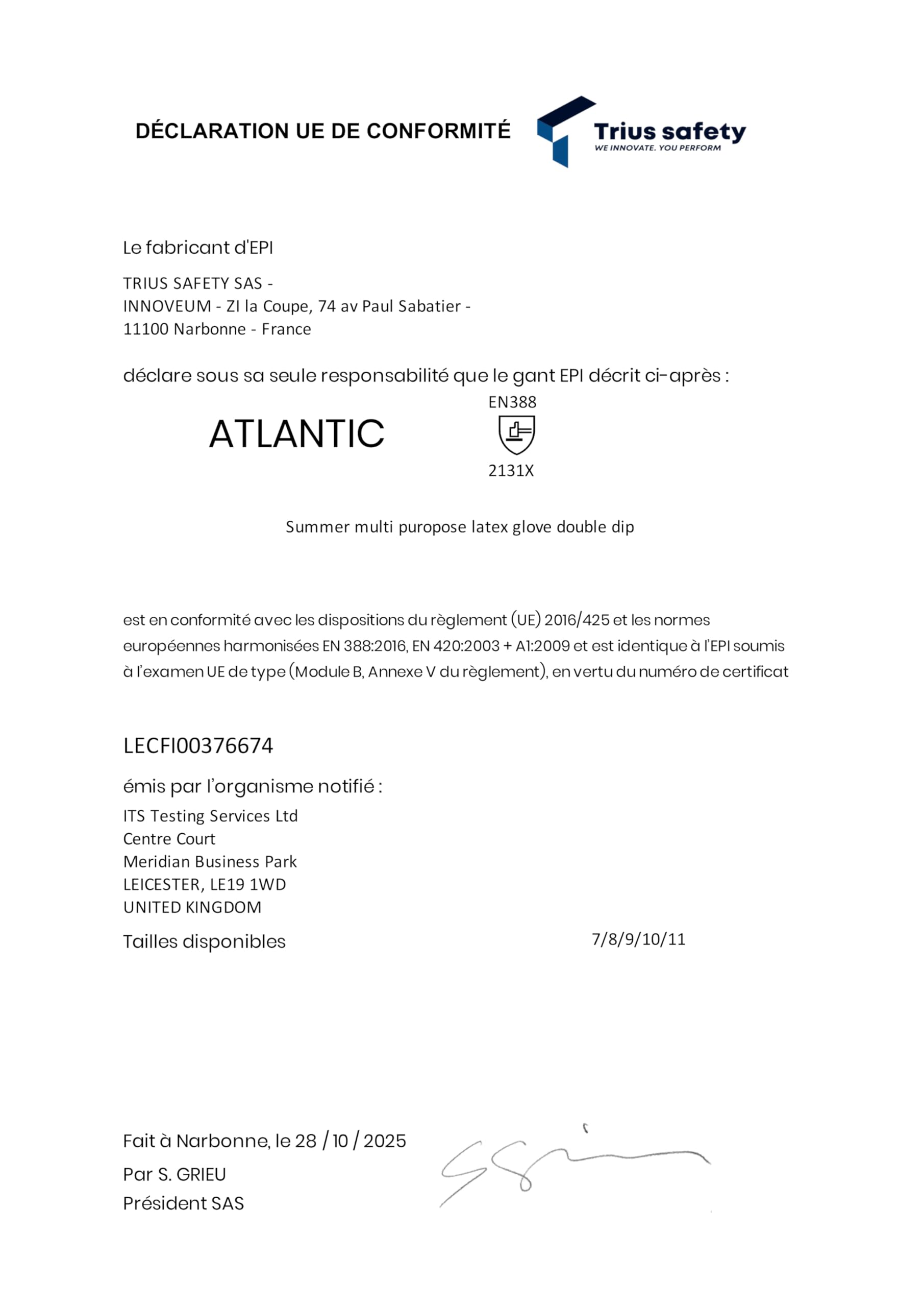 TRIUS ATLANTIC - 10 paia di guanti protettivi impermeabili all'acqua e agli oli, doppio rivestimento in lattice per una presa perfetta, ideale per costruzione, manutenzione, cantiere, taglia 11/XXL