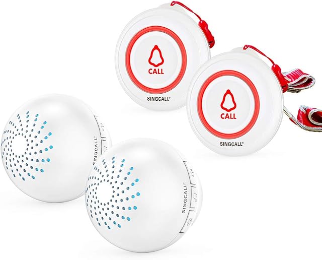 SINGCALL Caregiver Pager  Botão de chamada SOS sem fio para sistema de alerta de enfermeira, botão de ajuda para casa, idosos, idosos, pessoas com deficiência, atenção pessoal, pager 2 transmissores à prova d'água, 2