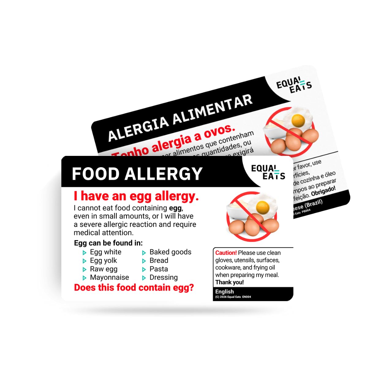 Equal Eats Egg Allergy Translation Card, Credit Card Size, Dining Safety and Restaurant Communication (Portuguese (Brazil)) — image 1
