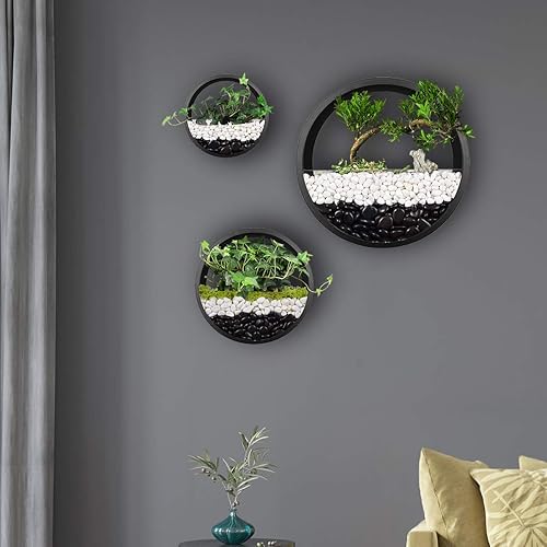 Vista 24 de Paquete de 3 macetas colgantes de pared, cesta moderna de pared redonda, maceta vertical para interiores y exteriores, jarrón para plantas Oro,Negro