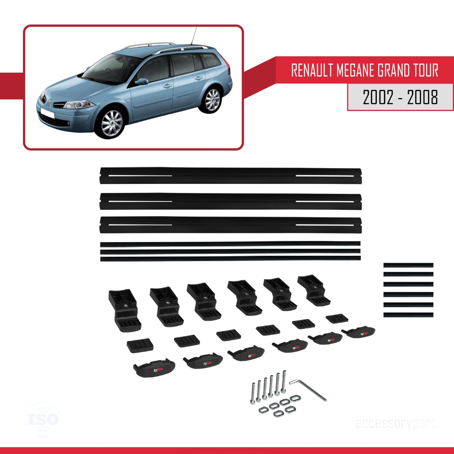 MDAK Bagażnik dachowy kompatybilny z Renault Megane Grand Tour 2002-2008 Basic Model, bagażnik dachowy, czarny, aluminium, 3 drążki