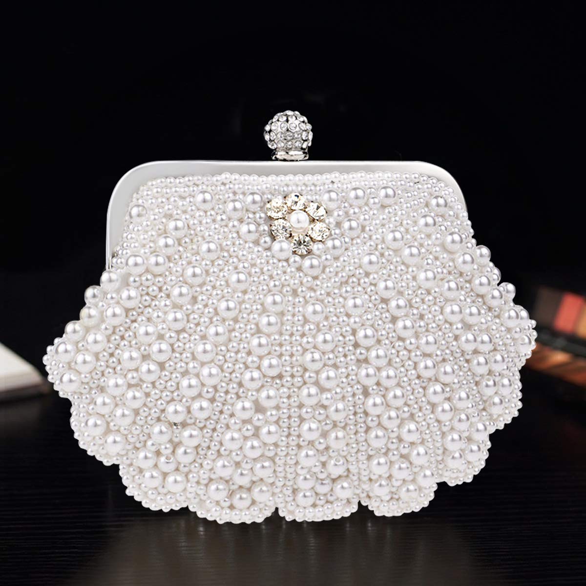 NICOLE & DORIS Women Handbags Diamond Round Clutch Pearl Bag Small Purse Cross Body Shoulder Bag Wedding Party Evening Chain Bag