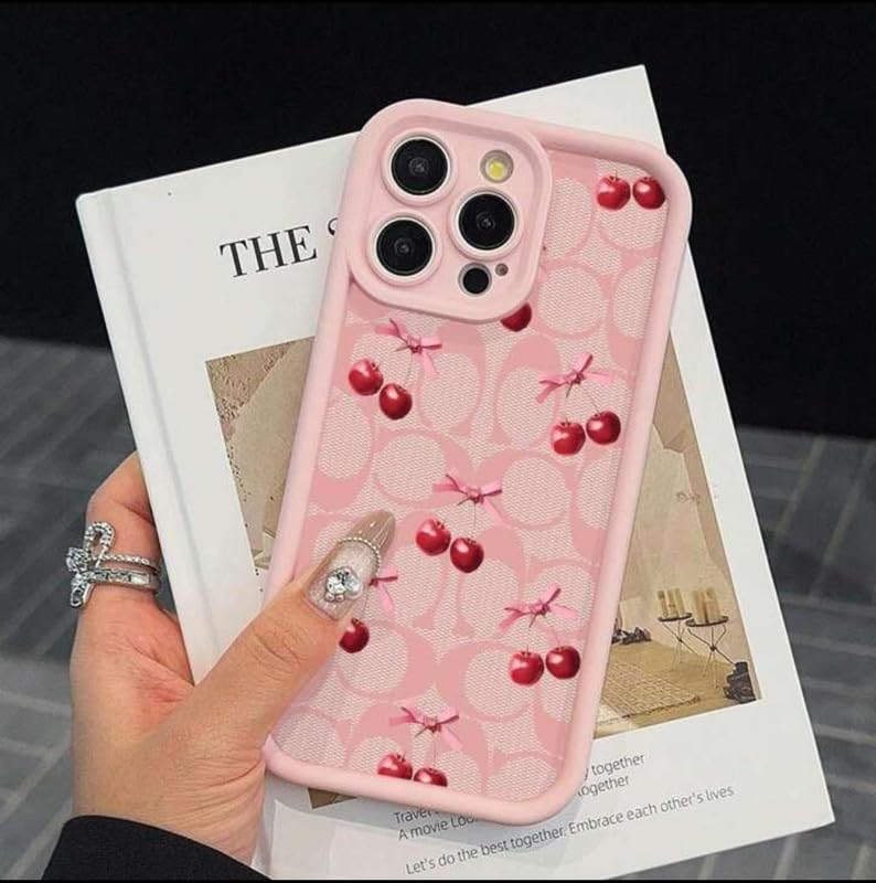 Image of COVERLY Cute Ball Cherry Back Case Cover for iPhone 12 Pro | Hot Pastel Pink Bow Knot Ribbon Design | Camera Lens Protection | Soft TPU Silicone Aesthetic Cover for Girls & Women (Pink, Shockproof)