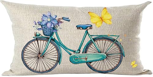 Ramirar Funda decorativa de almohada lumbar decorativa con diseño de acuarela, color azul, para bicicleta, bicicleta, flores moradas, mariposas,