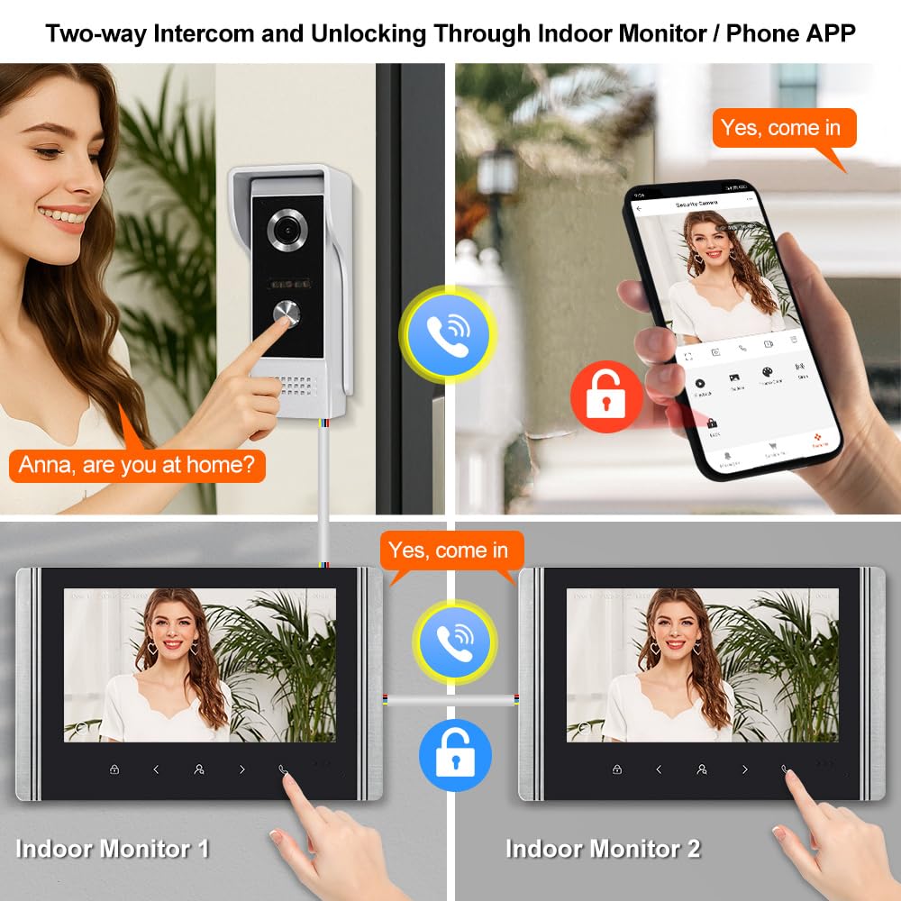 Sistema de Intercomunicador de Vídeo WiFi Tuya para Casa, Timbre de Cámara Vídeo 1080P HD con 2 Monitores Pantalla IPS de 7 zoll, Visión Nocturna IR, Grabación, Audio Bidireccional