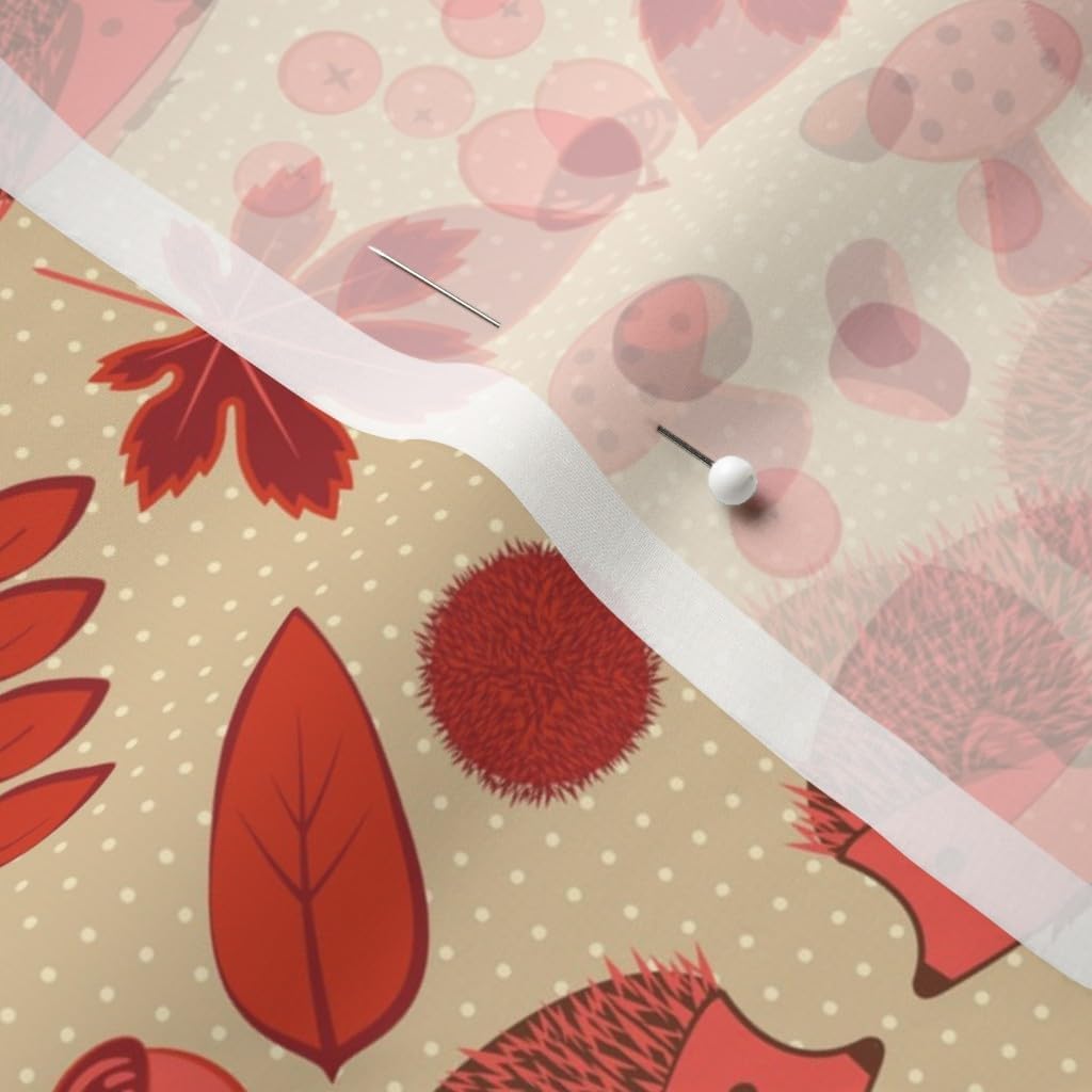 Spoonflower Fabric - Autumn Red Hedgehog Maple Leaf Leaves Fall Thanksgiving Printed on Chiffon Fabric by The Yard - Sewing Fashion Apparel Dresses Home Decor