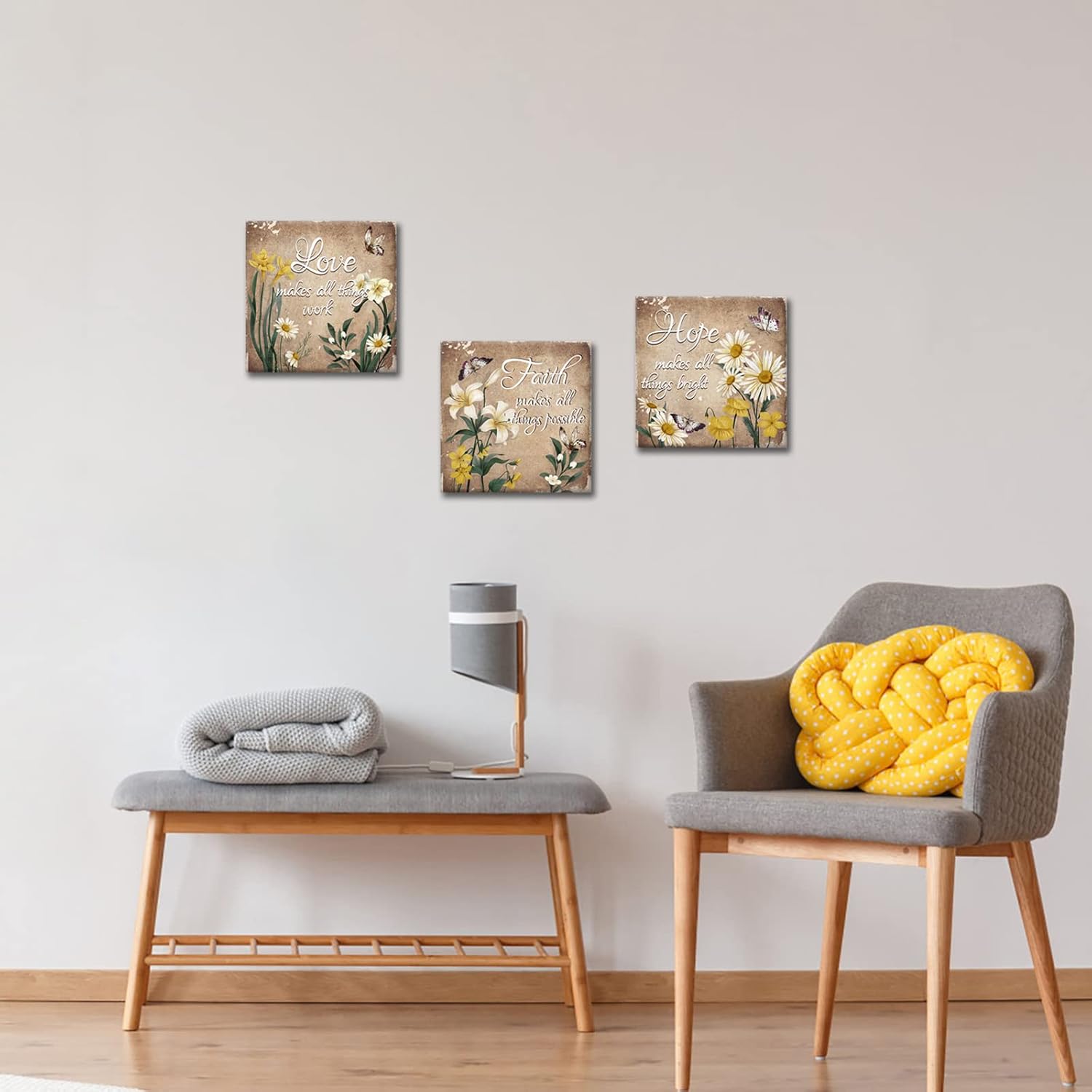 sechars Love Faith Hope Wall Art Canvas Vintage Yellow Flowers Pictures for Bathroom Decor Daisy Lily Floral Paintings Inspirational Quotes Posters Prints - Image 4