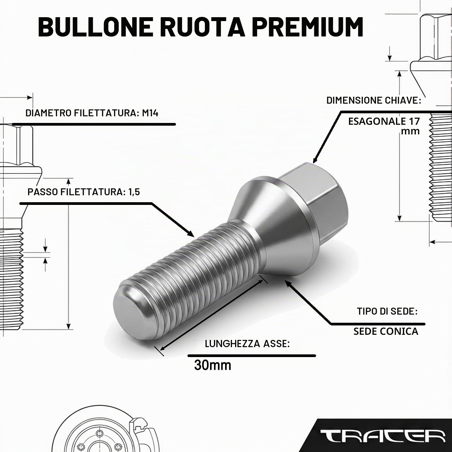 20 bulloni per ruota conici M14 x 1,5 30 mm, compatibili con Fiat, Peugeot, Citroen, Mercedes, Skoda, Seat, Ford, Renault, Volvo, BMW, Opel, Nissan, Alfa Romeo, VW, Audi