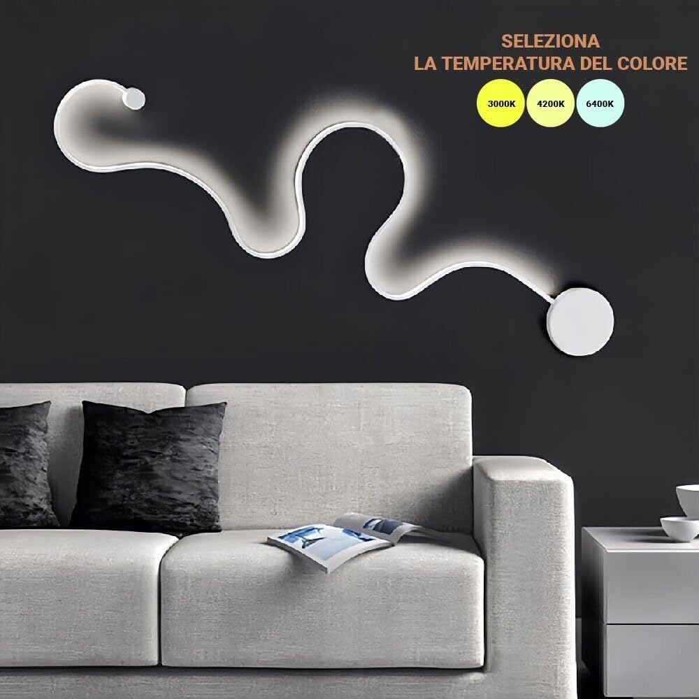 Applique da Parete Interno, Applique LED 28W Design Moderno, Forma Sanke Curvo, LED CCT 3 STEP Regolazione della Luce da 3000K a 6500K, Ideale per Camera da Letto, Salone, Studio, Ufficio, B&B, Hotel