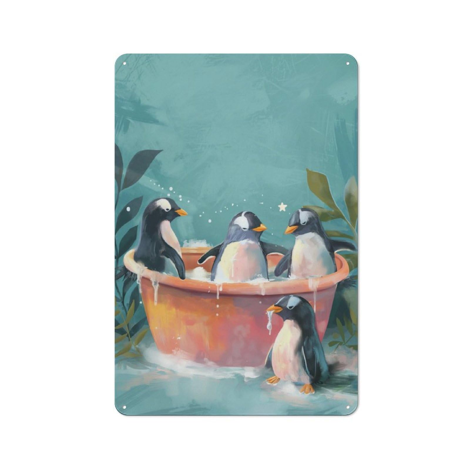 Junmoney Penguins Washing Bathtub Rustic Metal Sign With Design 30X20cm, Farmhouse Farmhouse Wall Decor For Dining Room, Cafe, Entryway Or Family Room