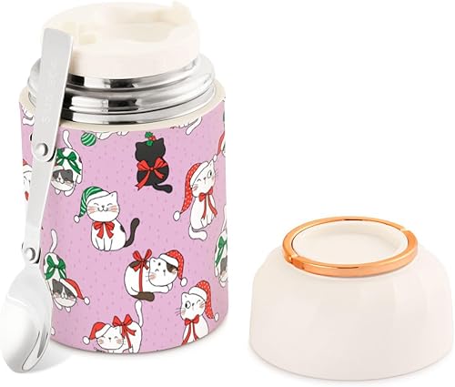 MCHIVER Christmas Cat Purple Food Jar with Spoon Stainless Steel Vacuum Insulated Food Container 17 oz Food Thermos for Hot Food