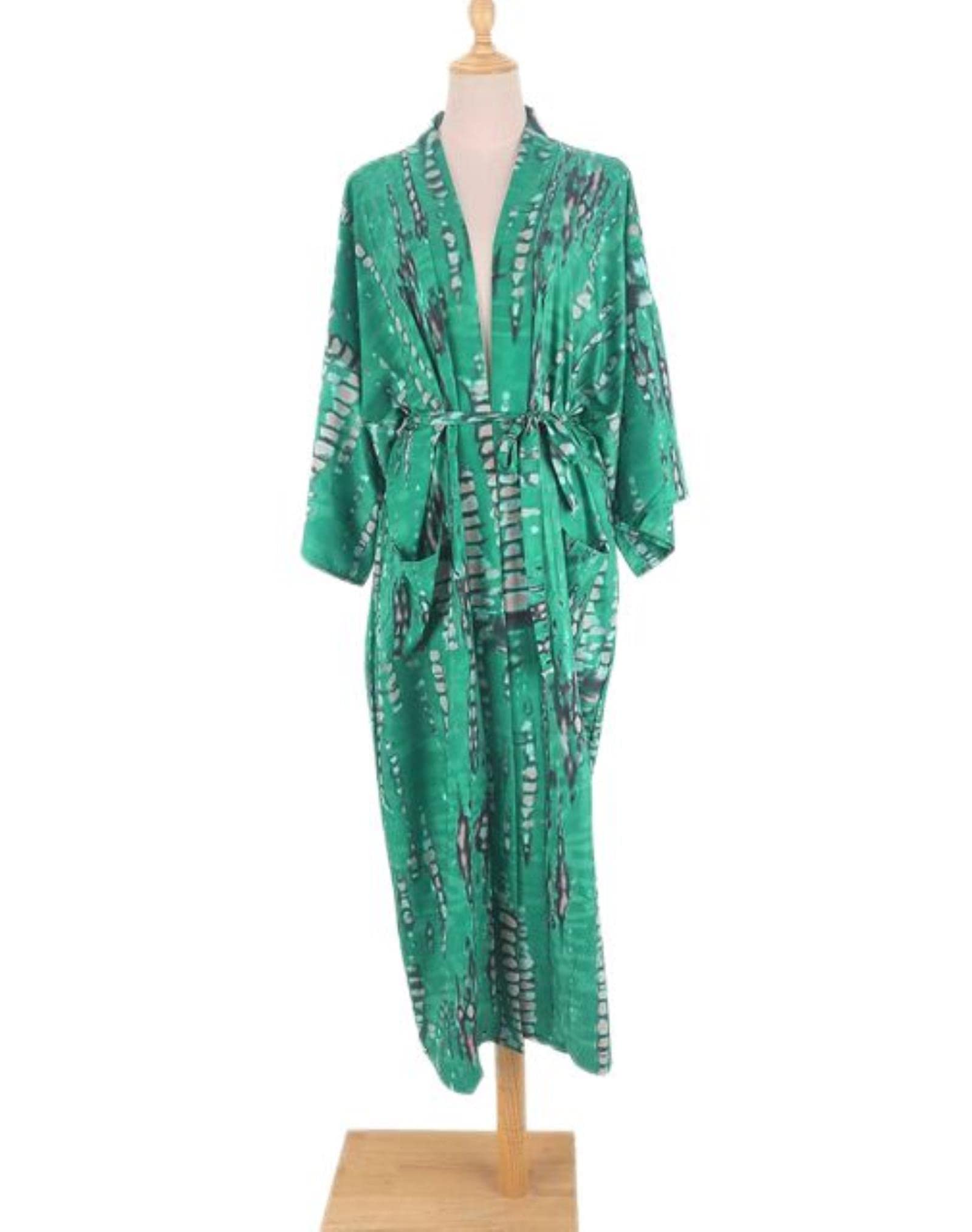 HEISAN HEISAN Kimono de playa con estampado de rayas de teñido anudado para mujer, largo verano, elegante, traje de baño, ropa de playa, kimono verde, talla única