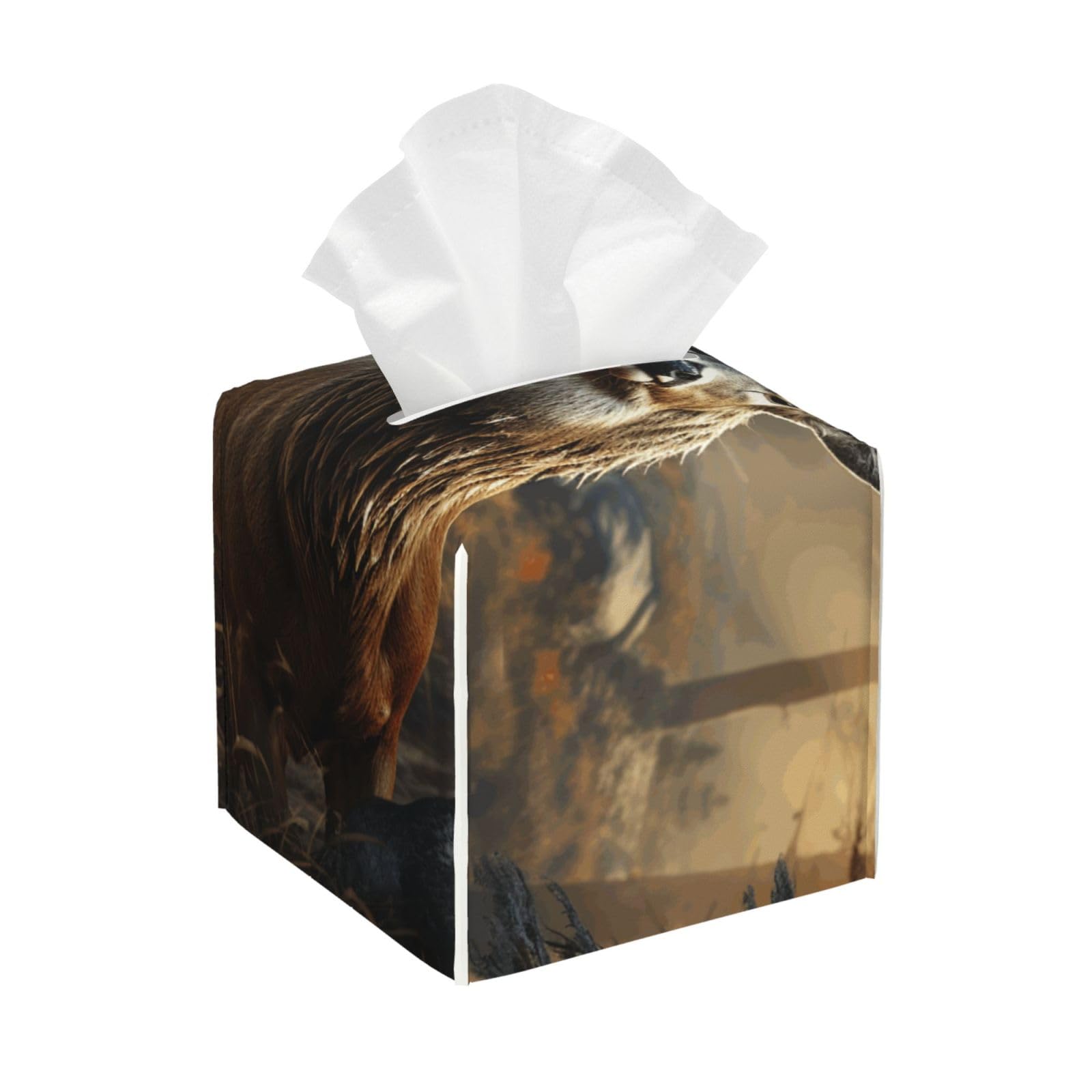 Pu Leather Cube Tissue Box Holders Modern Waterproof Square Tissue Box Cover Deer Hunting Season Facial Paper Holder for Bathroom Kitchen Nightstand Office Home Decor