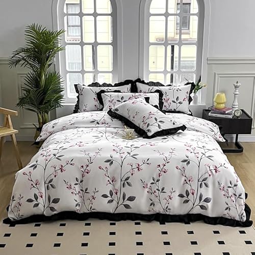 QSYEDR Floral Ruffled Duvet Cover Super King for Bedroom Decor,Pink Flowers French Rustic Style Frill Bedding Set,Soft Printed Microfibre Quilt Cover for Kids Adult Super King - Image 5