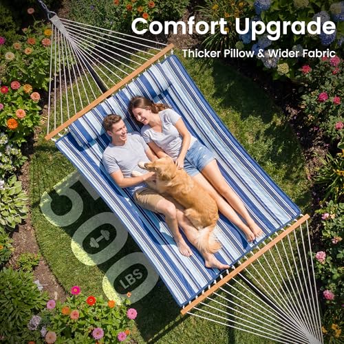 Image of Everyfun 2 Person Hammock with Stand, Heavy Duty Double Cotton Rope Hammock with Removable Quilted Pad & Pillow, 500 LBS Adjustable Steel Frame, Tool-Free, Carry Bag for Outside Patio Yard, Blue