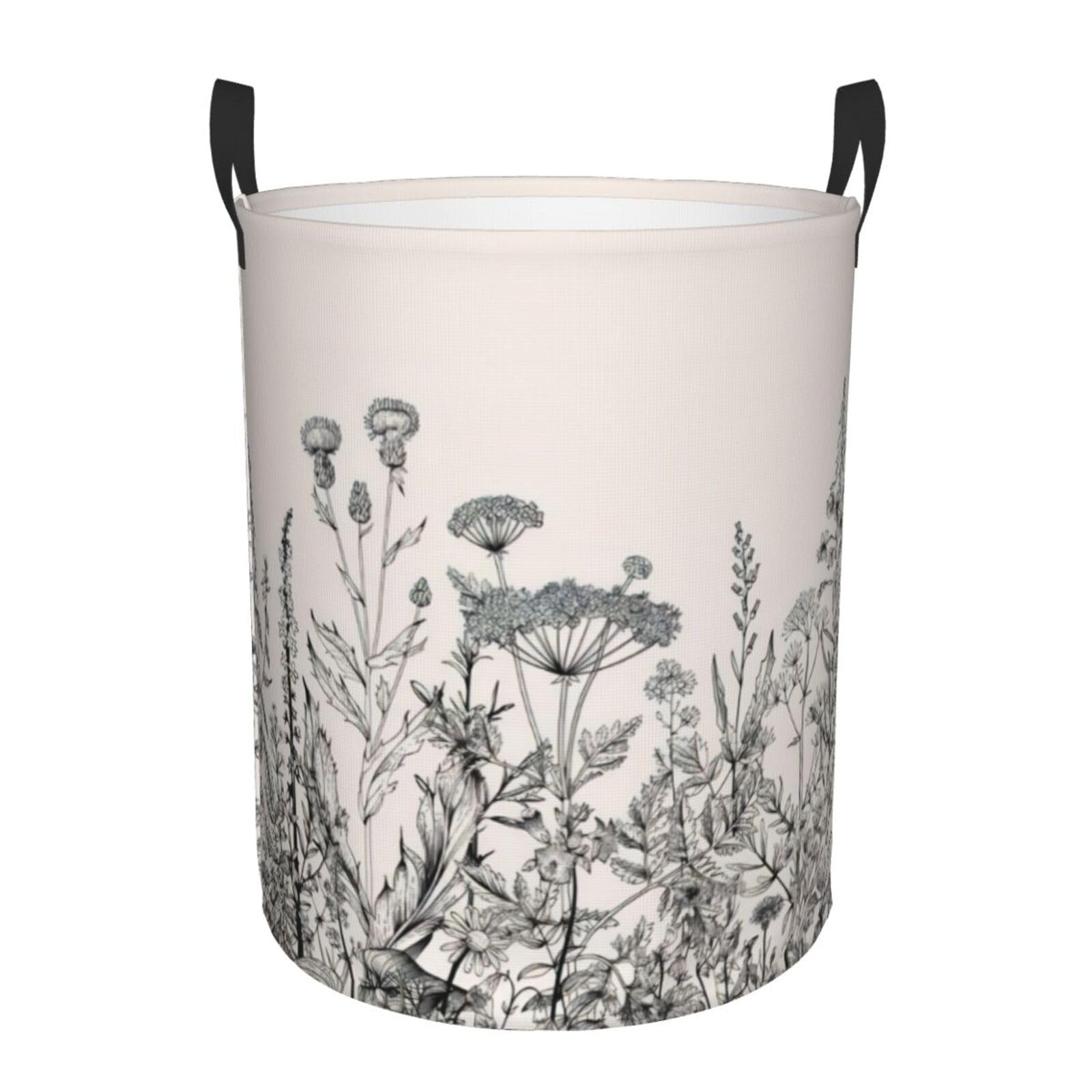 M Circular Hamper – Collapsible Floral Herbs Botanical Engraving Print Laundry Basket