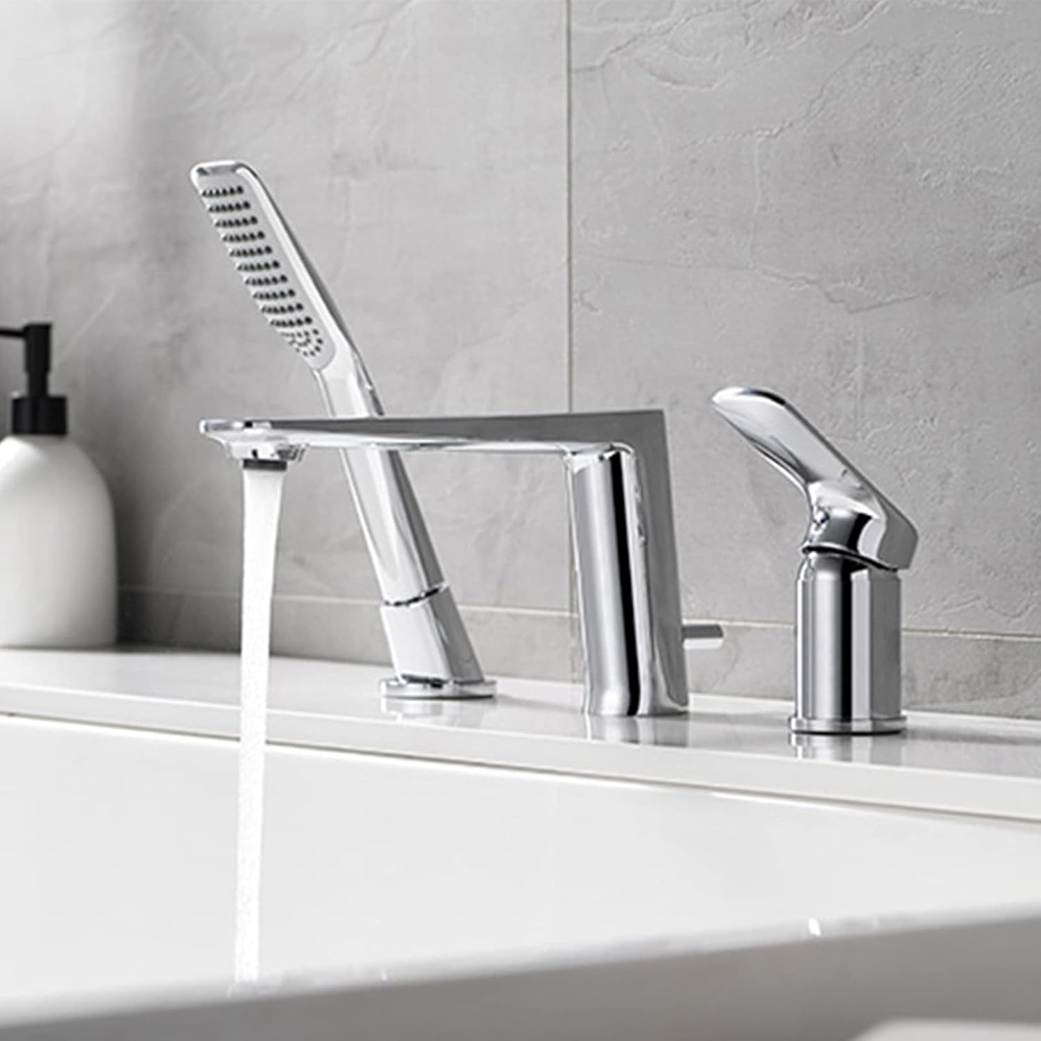 Split Bathtub Faucet, Three-Hole Basin Faucet, All Copper Hot and Cold Water Mixer Tap, Bathroom Tub Side Faucet Set with Portable Shower, Electroplating,B(B)