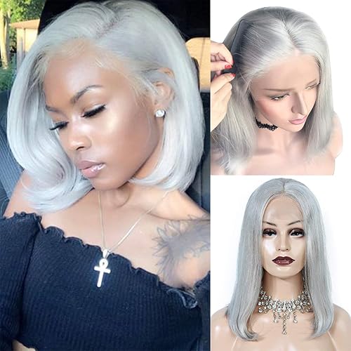 13x4 Short Bob Wig Brazilian Lace Front Wigs Human Hair for Black Women with Baby Hair Pre Plucked Middle Part Colored Grey Lace Wigs 150% Density Full End 14inch