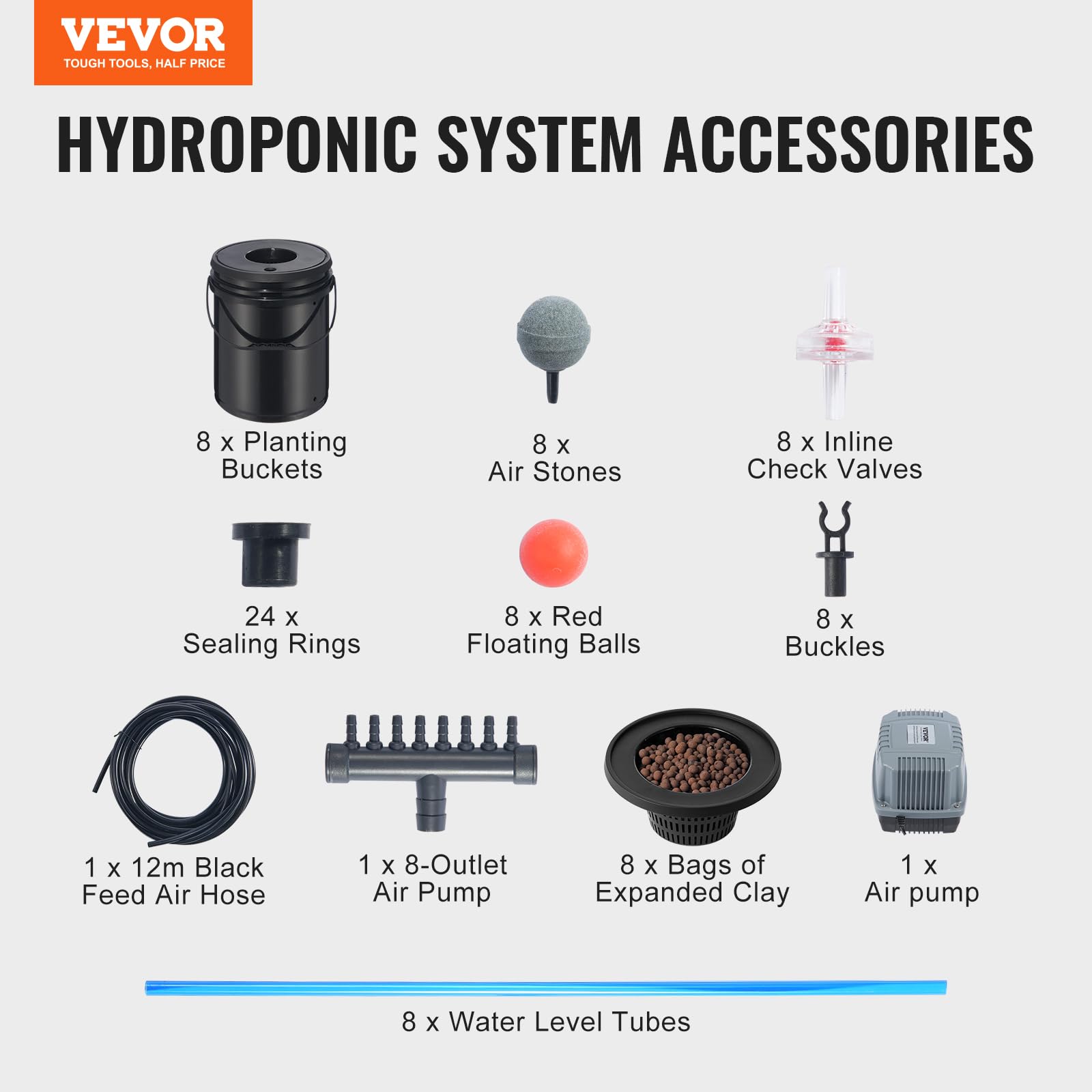VEVOR Hydroponiczny system uprawy DWC, zestaw do uprawy głębokiej wody 20 litrów, pompa powietrza, kamienie porowate, urządzenie poziomu wody, system hydroponiczny, warzywa liściaste
