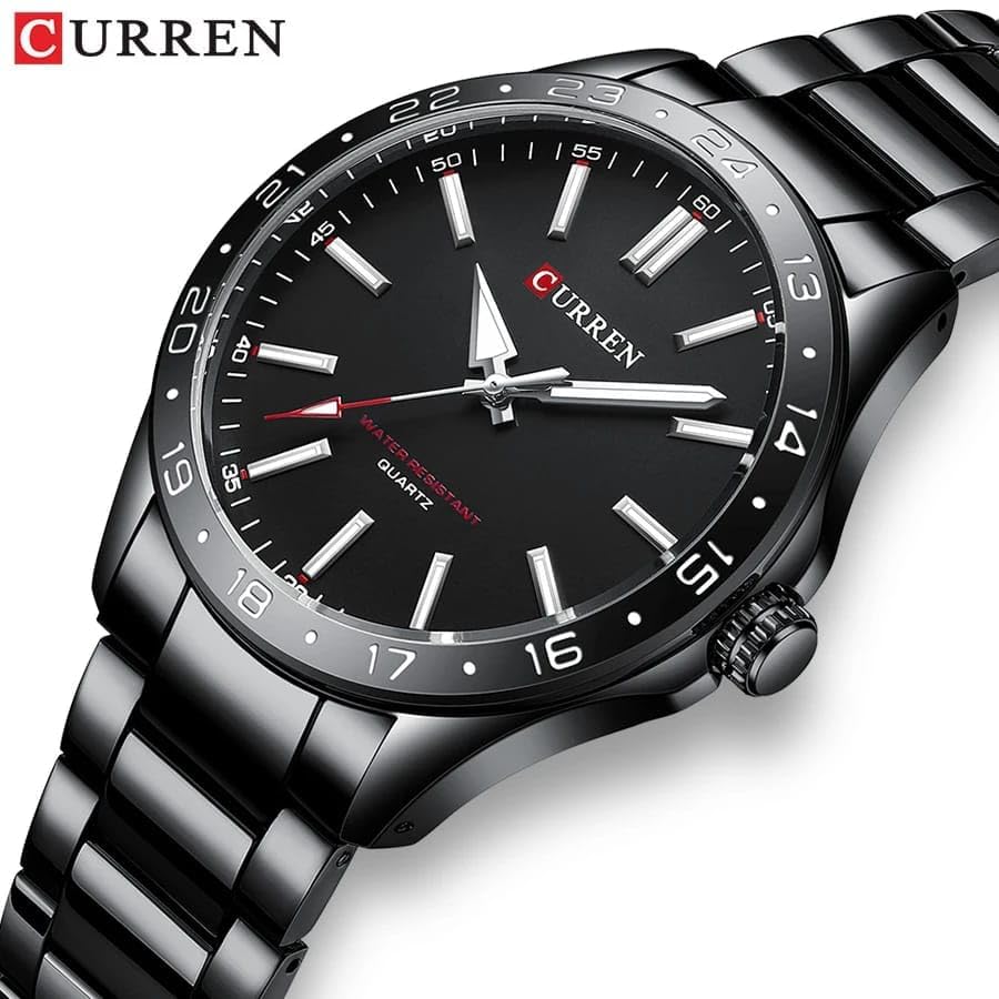 Image of CURREN New Model Brand Light Up Dial Male Analog Watch Simple 43mm Big Dial Stainless Steel Strap Waterproof 3ATM Men's Clock 8452, BLACK, Modern