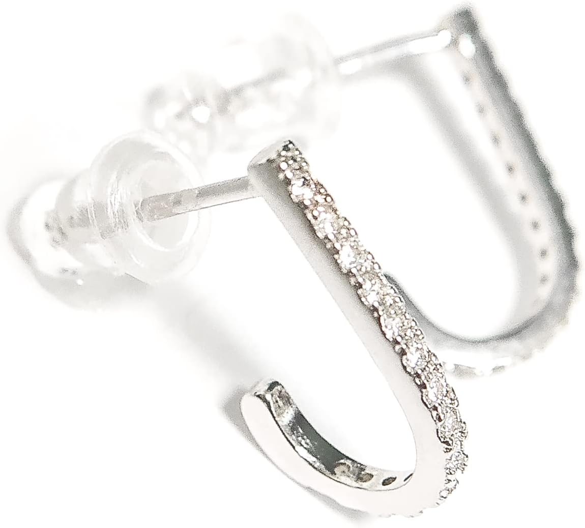 Silver Pave Earrings - Suspender Earrings - Silver CZ Earrings - CZ Diamond Earrings - Hook Earrings - J Earrings - Lobe Hugging Earrings