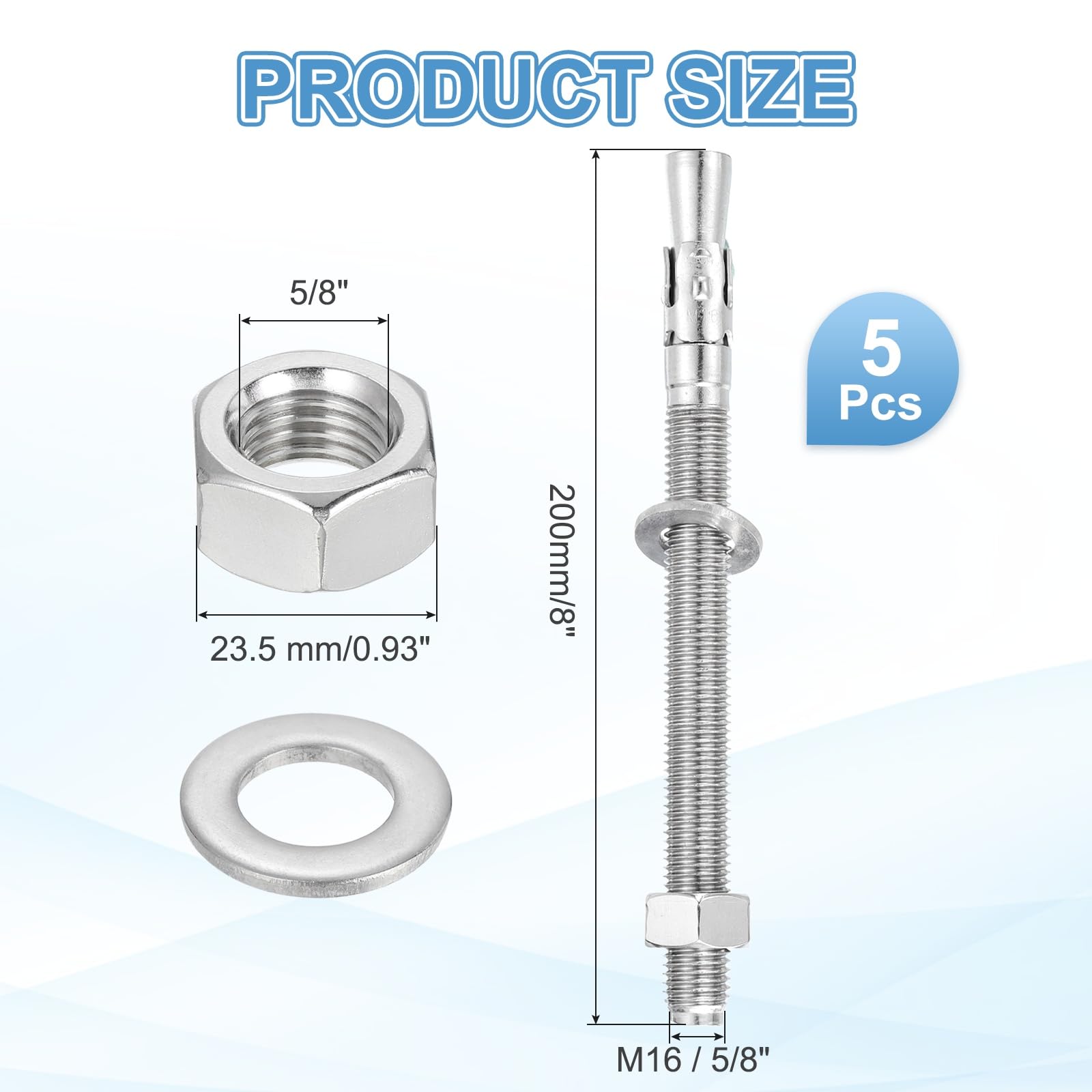 QUARKZMAN 5 Pcs Anclajes De Cuña 5/8" X 8" Tornillos De Anclaje De Hormigón De Acero Inoxidable Herrajes Estándar De Alta Resistencia(Incluye Arandelas Y Tuercas Color Plateado)