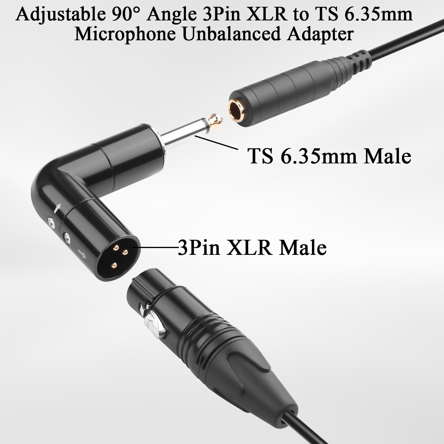 QIANRENON Adjustable 90° Angle XLR to TS 6.35mm Microphone Unbalanced Adapter 3Pin xlr Male to 1/4" TS Male Mono Right Angle Audio Connector xlr Direction 360° Change - Image 2