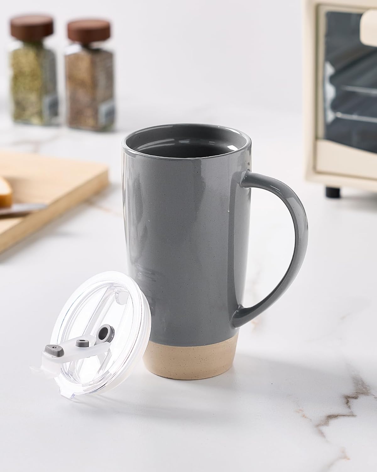 famiware Milkyway Coffee Mugs, 20oz Large Coffee Mug, Ceramic Mug Set of 2 with Lid, Cup Set with Handle for Latte, Tea, Cocoa, Milk, Home & Office, White and Dark Gray - Image 8