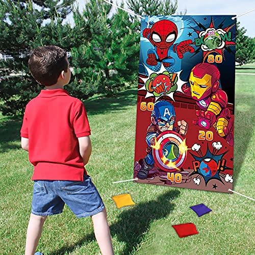wukou Superhero Toss Game Banner with 4 Bean Bags Superhero Indoor Outdoor Throwing Game Party Supplies for Kids Perfect For Party Favors Gift Theme Carnival Decorations Supplies (Avengers)