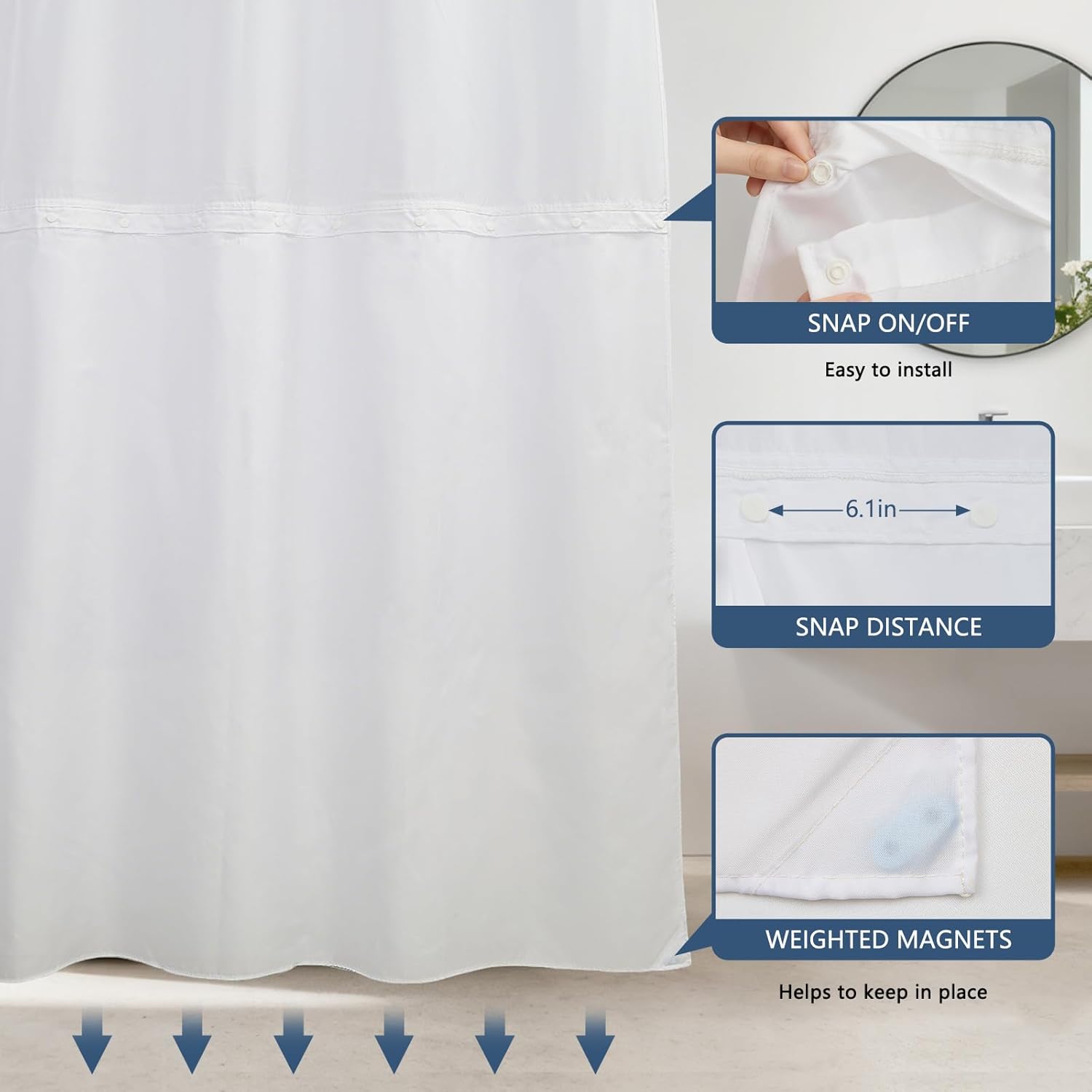 No Hook Shower Curtain with Snap in Liner, Blue White Vintage Floral Butterfly with Mesh Top Window, French Country Bath Curtain, Waterproof Double Layer for Bathroom Decor, 71 x 74 Inch