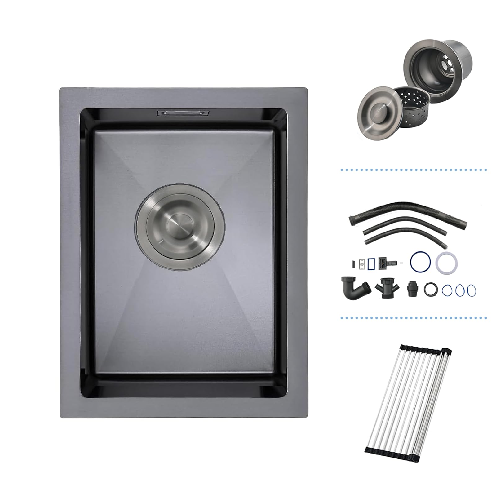 Black Kitchen Sink, 35X45CM Small Sink Stainless Steel Single Bowl, iAnomla Outdoor Campervan with Overflow, Drainer Fittings, Roll-up Rack, Undermount, Top Mount, Drop in Flushmount Installation — image 1