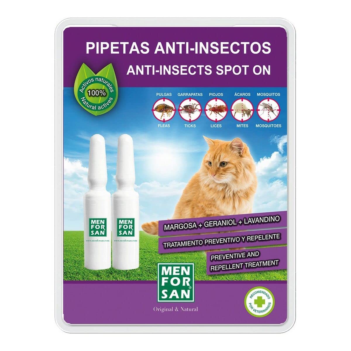MENFORSAN Pipetas Anti-Insectos para Gatos con Margosa, Geraniol Y Lavandino - Blister con 2 unids
