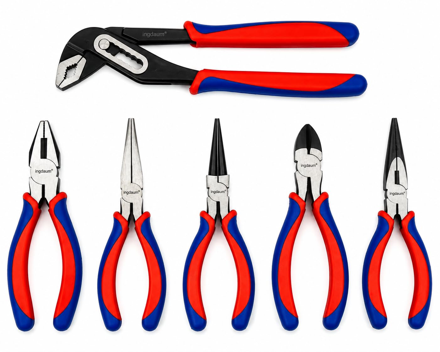 Pinze in acciaio al carbonio forgiato – Impugnature bicolore Blu-Rosso – Superficie lucidata – Set o singole: Pinza acqua, combinata, a becchi lungh, Tronchese (6 pinces)