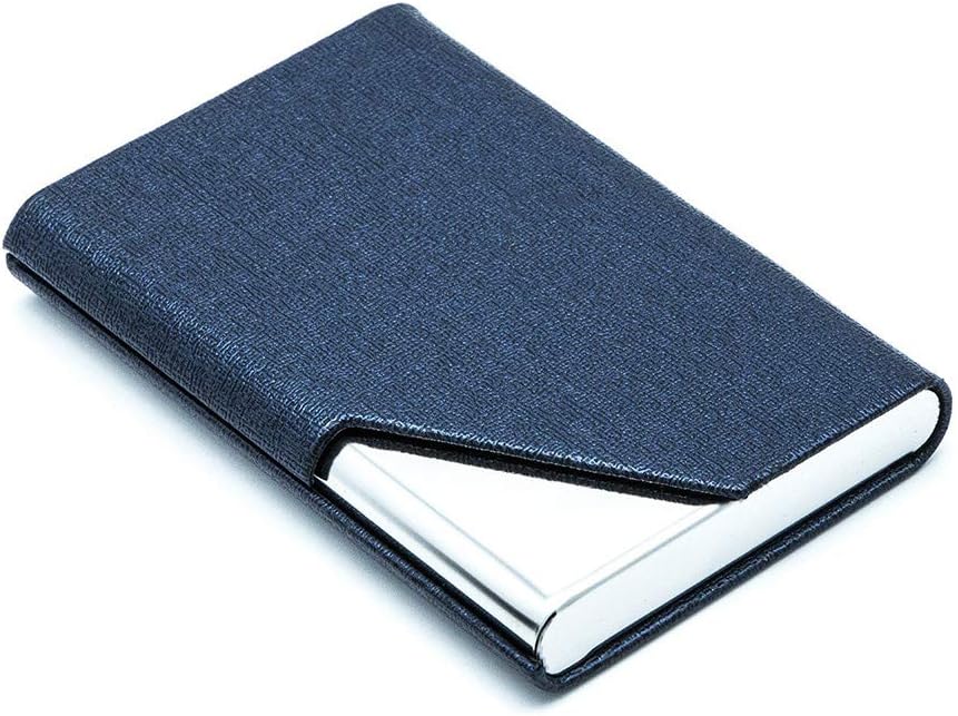 Pocket Business Name Card Holder, Stainless Steel Luxury PU Leather, Credit ID Card Case Organiser Wallet with Magnetic Shut, Blue