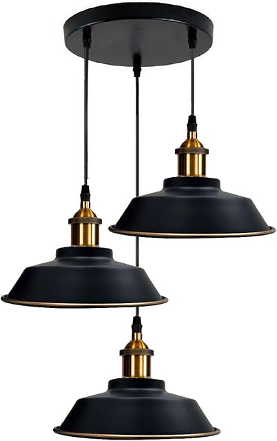 3 Head Pendant Ceiling Light, Retro Vintage E27 Edison 3 Way Hanging Adjustable Island Lamp, 22cm Metal Light Shade Cluster Living Room Suspended Fitting, Kitchen Light Set (Black)