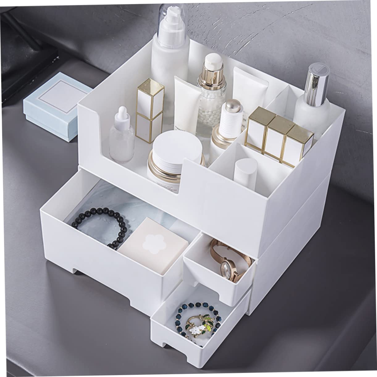 Organizer per Cosmetici Design Semplice e Facile da Pulire in Plastica Bianca Doppio Strato e Ampio Spazio per Scrivania e Cassetti