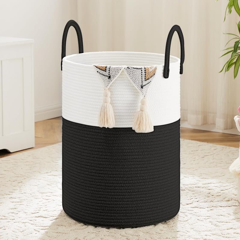 Image of Jute Cotton Rope Laundry Basket with Handles, Large Tall Clothes Hamper for Bedroom, Baby Nursery, Bathroom, Laundry Room & Home Storage Organizer (14x18 Inch, Black White)