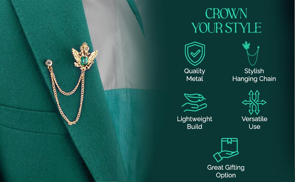 Knighthood Men's Golden Crown Stone With Hanging Chain Brooch Golden Crystal Suit Stud Lapel Pin Vintage Rhinestone Wedding Pin3